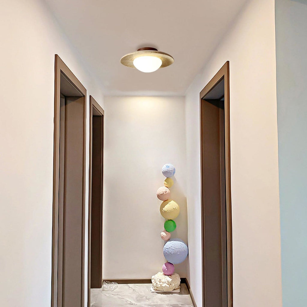 Travertine and Wood Semi Flush Ceiling Light with Frosted Glass Dome