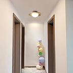 Travertine and Wood Semi Flush Ceiling Light with Frosted Glass Dome