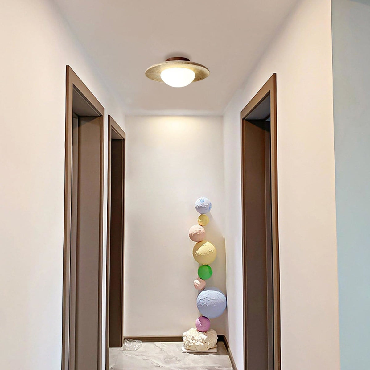 Travertine and Wood Semi Flush Ceiling Light with Frosted Glass Dome