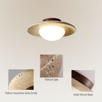 Travertine and Wood Semi Flush Ceiling Light with Frosted Glass Dome