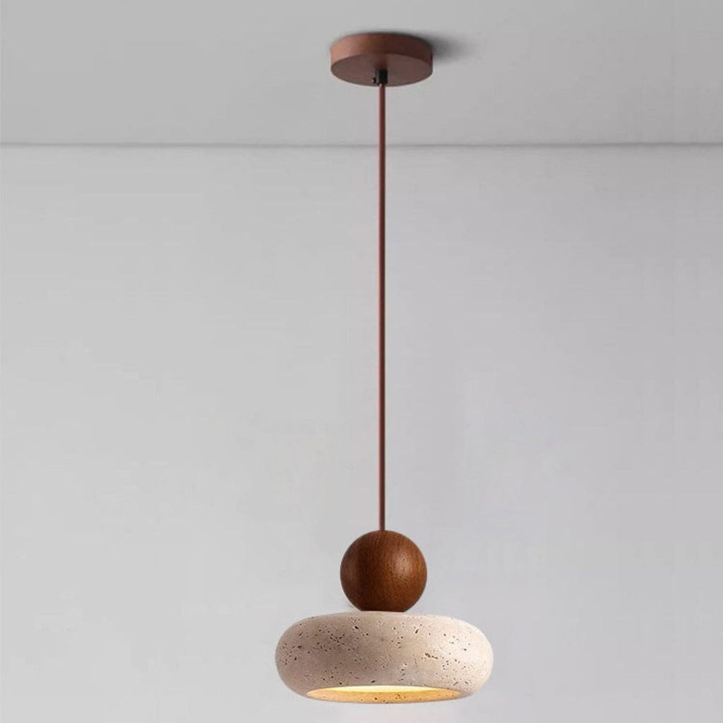 Travertine Stone and Wood Pendant Light with Warm LED Glow for Dining Table