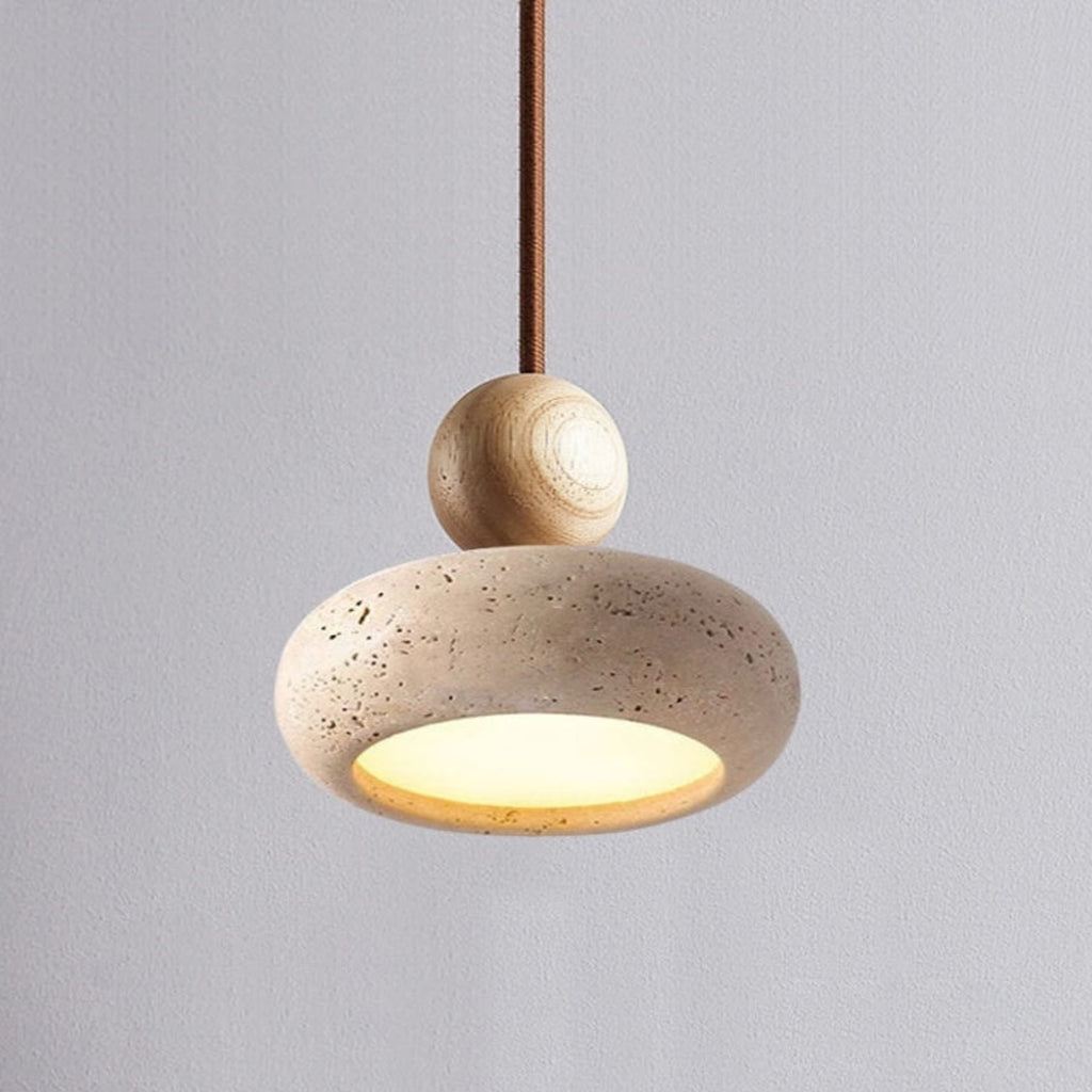Travertine Stone and Wood Pendant Light with Warm LED Glow for Dining Table