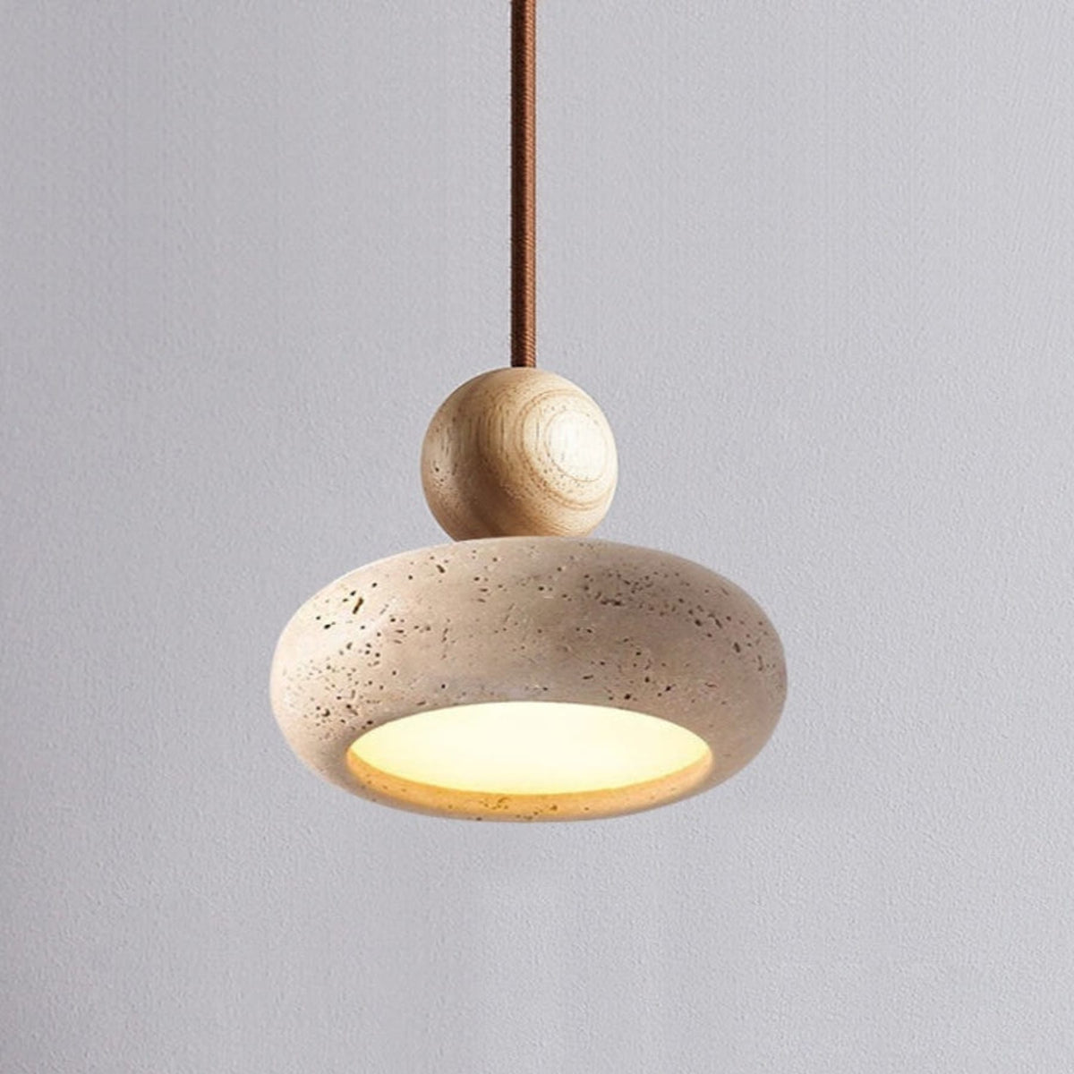 Travertine Stone and Wood Pendant Light with Warm LED Glow for Dining Table