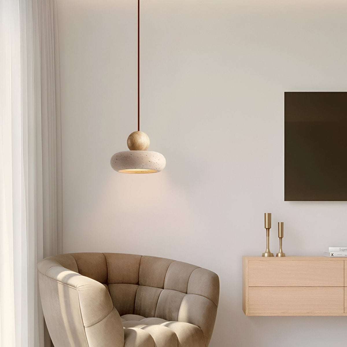 Travertine Stone and Wood Pendant Light with Warm LED Glow for Dining Table