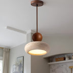 Travertine Stone and Wood Pendant Light with Warm LED Glow for Dining Table