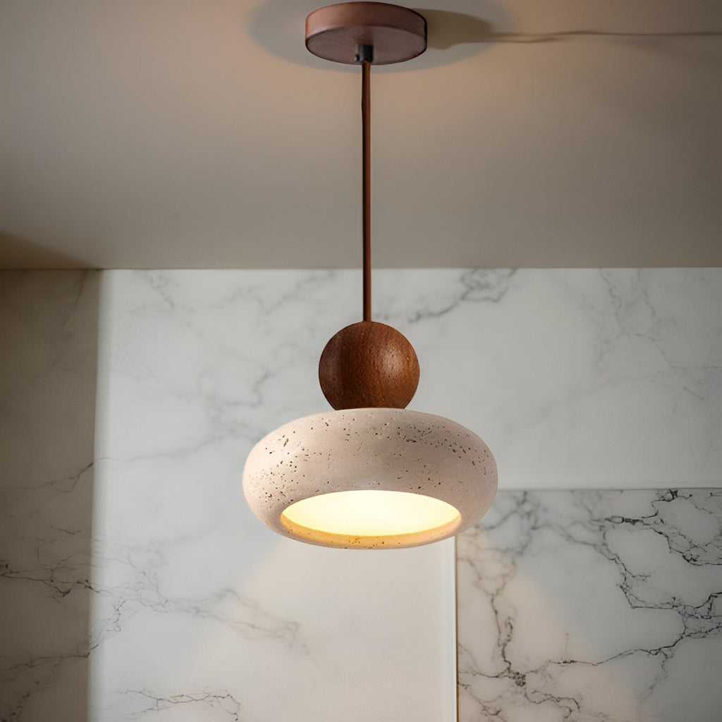 Travertine Stone and Wood Pendant Light with Warm LED Glow for Dining Table