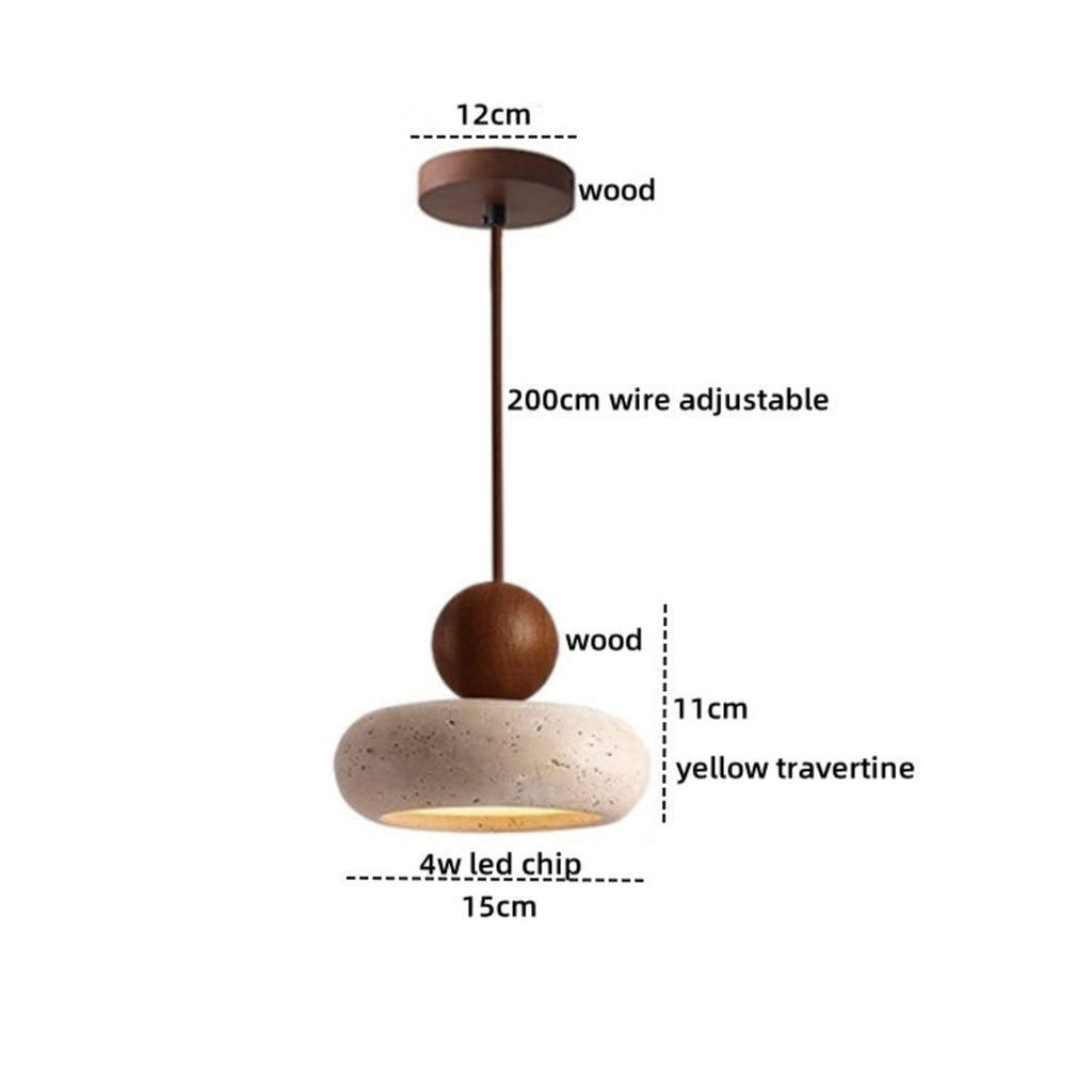 Travertine Stone and Wood Pendant Light with Warm LED Glow for Dining Table