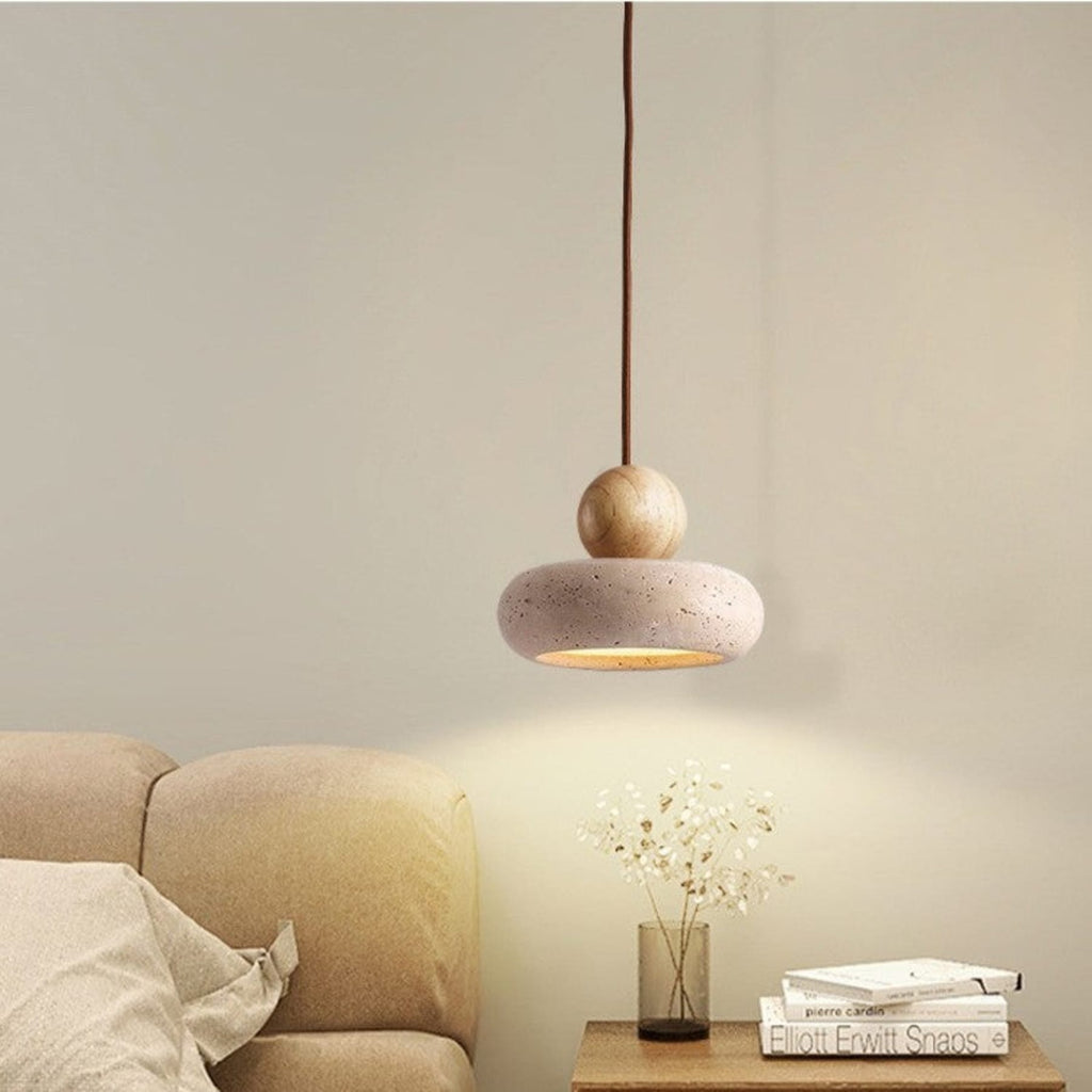 Travertine Stone and Wood Pendant Light with Warm LED Glow for Dining Table