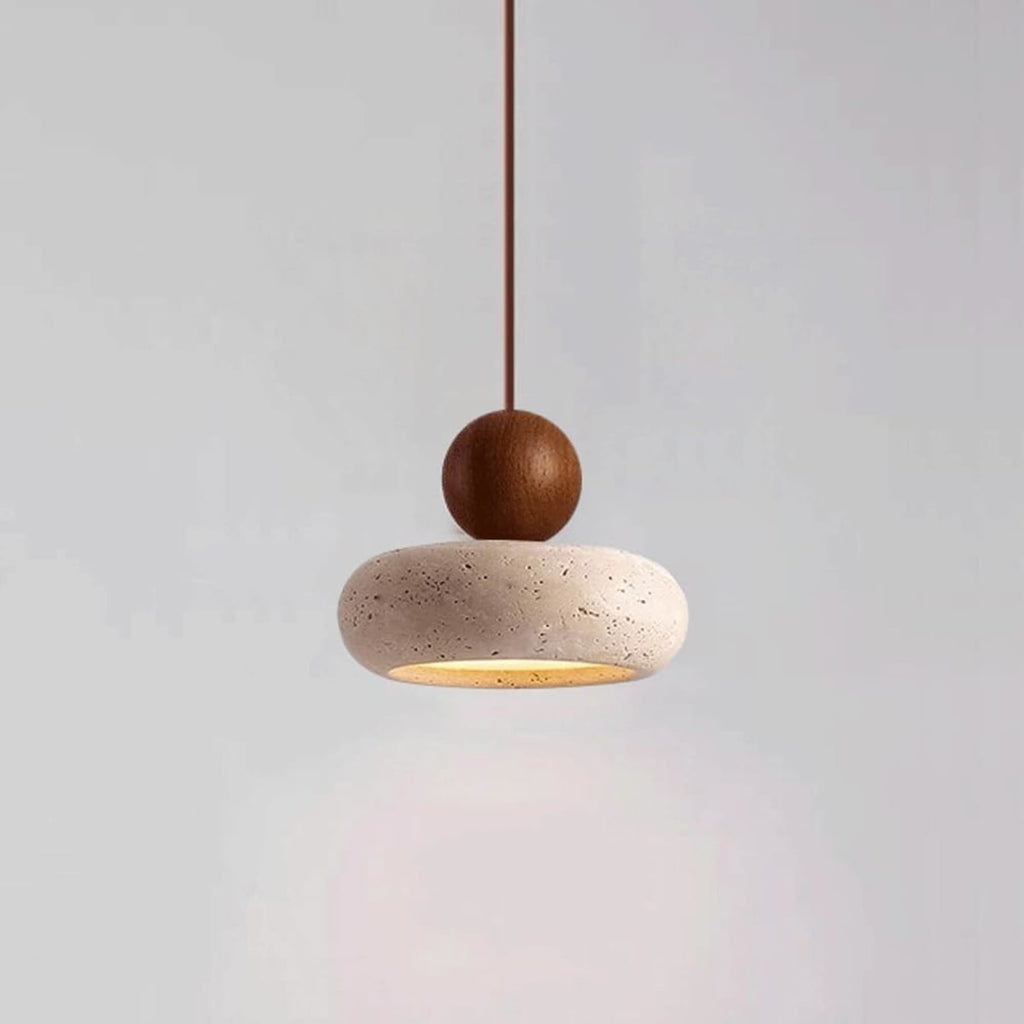 Travertine Stone and Wood Pendant Light with Warm LED Glow for Dining Table