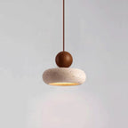 Travertine Stone and Wood Pendant Light with Warm LED Glow for Dining Table
