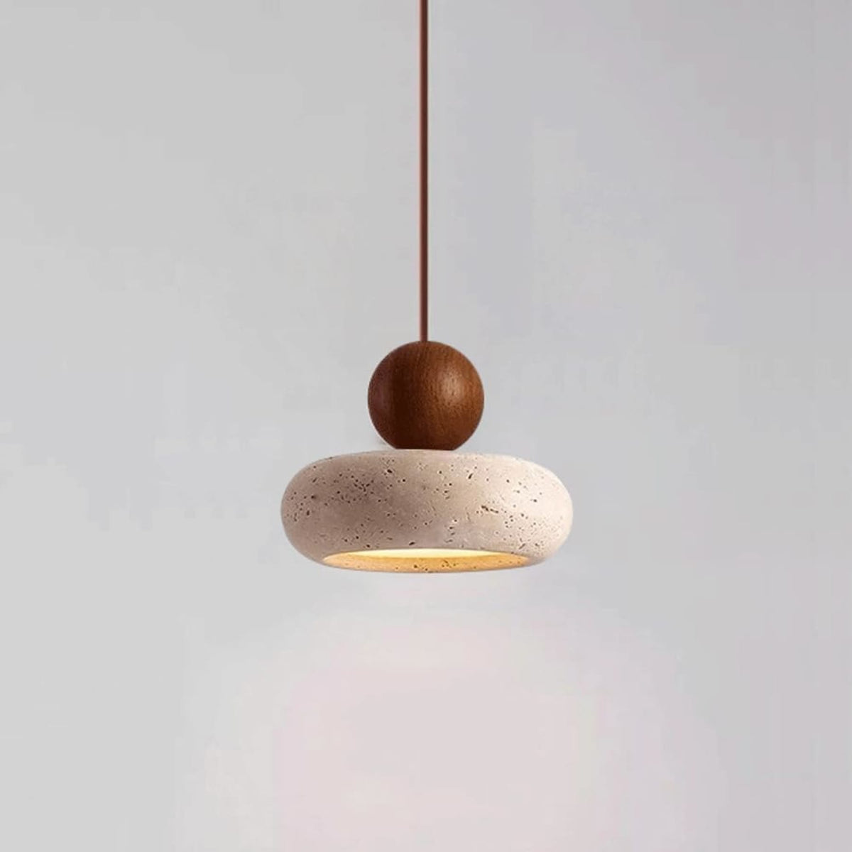 Travertine Stone and Wood Pendant Light with Warm LED Glow for Dining Table