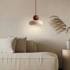 Travertine Stone and Wood Pendant Light with Warm LED Glow for Dining Table