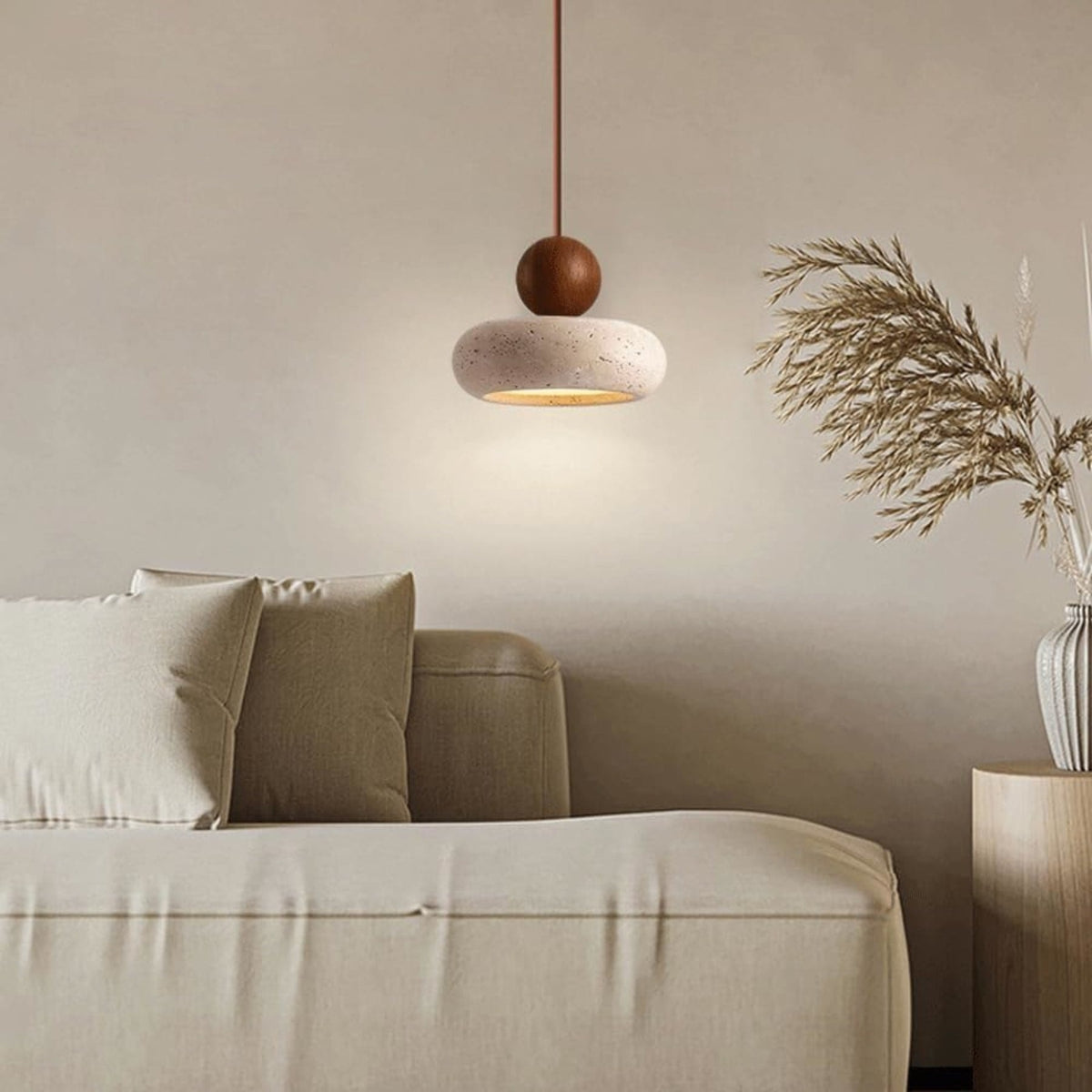 Travertine Stone and Wood Pendant Light with Warm LED Glow for Dining Table