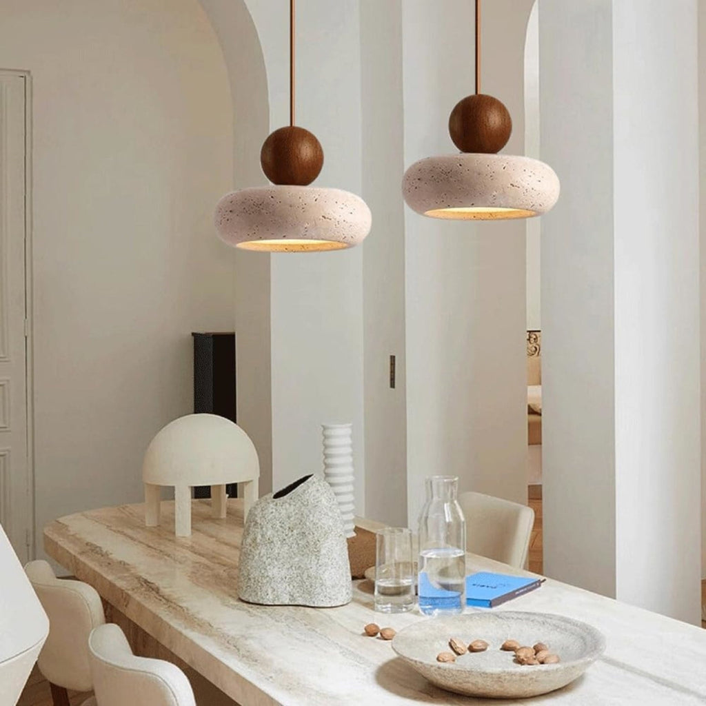 Travertine Stone and Wood Pendant Light with Warm LED Glow for Dining Table