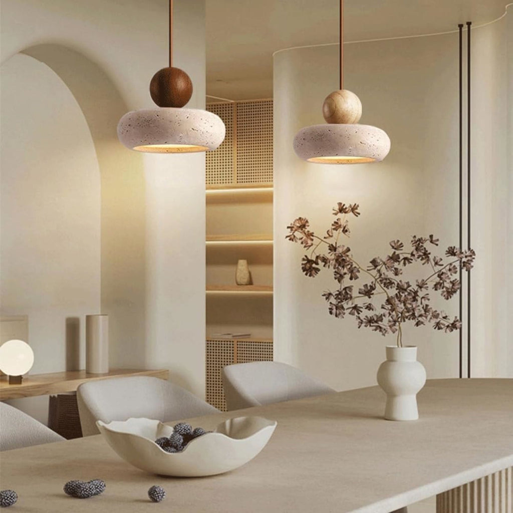 Travertine Stone and Wood Pendant Light with Warm LED Glow for Dining Table