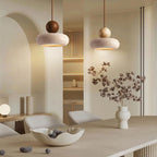 Travertine Stone and Wood Pendant Light with Warm LED Glow for Dining Table