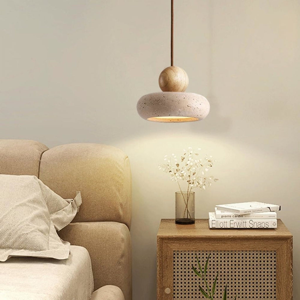 Travertine Stone and Wood Pendant Light with Warm LED Glow for Dining Table