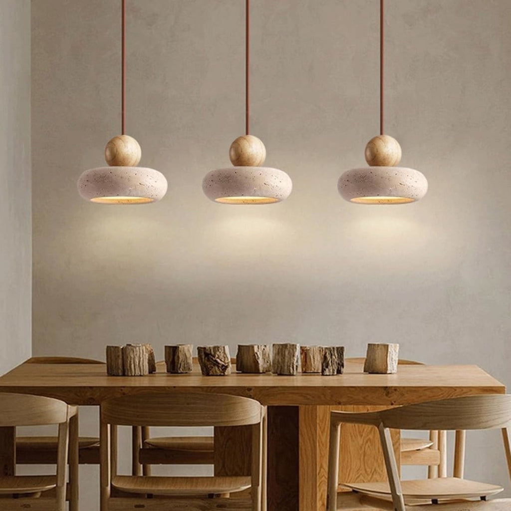 Travertine Stone and Wood Pendant Light with Warm LED Glow for Dining Table