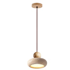 Travertine Stone and Wood Pendant Light with Warm LED Glow for Dining Table