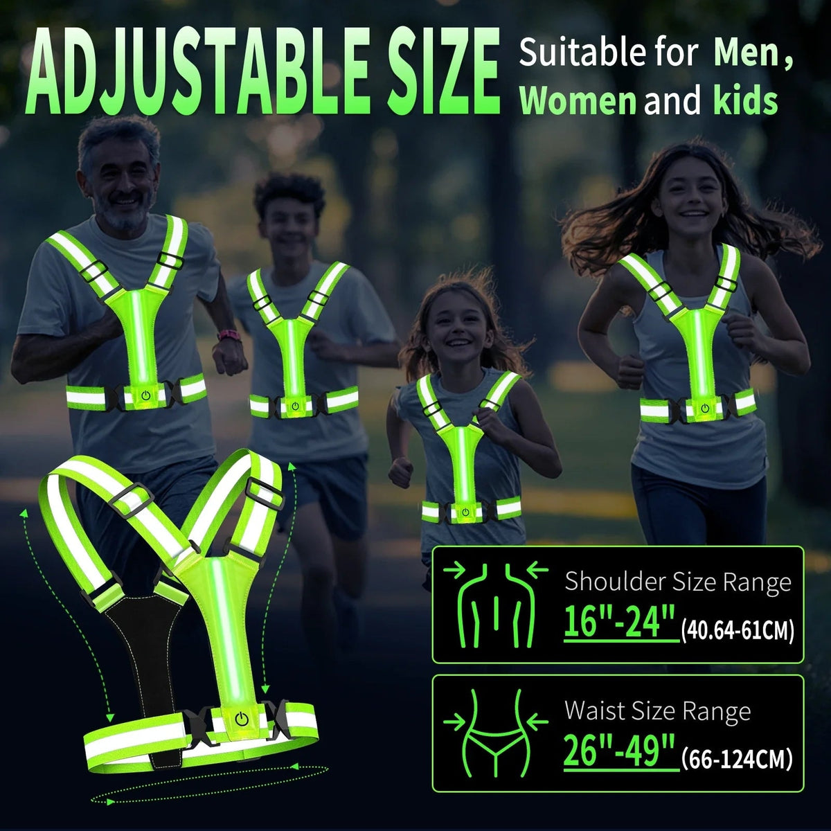 USB Rechargeable LED Reflective Running Vest with Adjustable Straps
