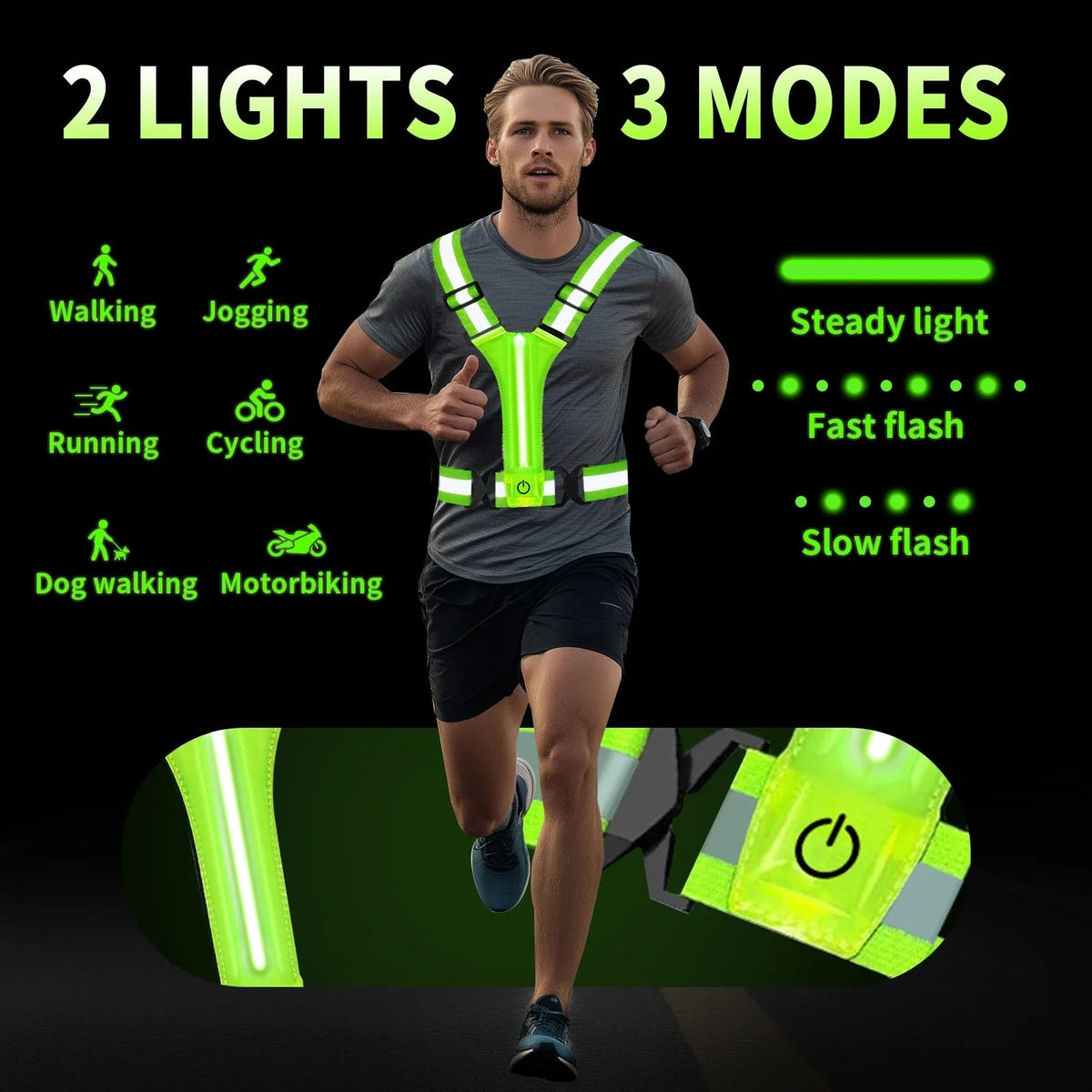 USB Rechargeable LED Reflective Running Vest with Adjustable Straps