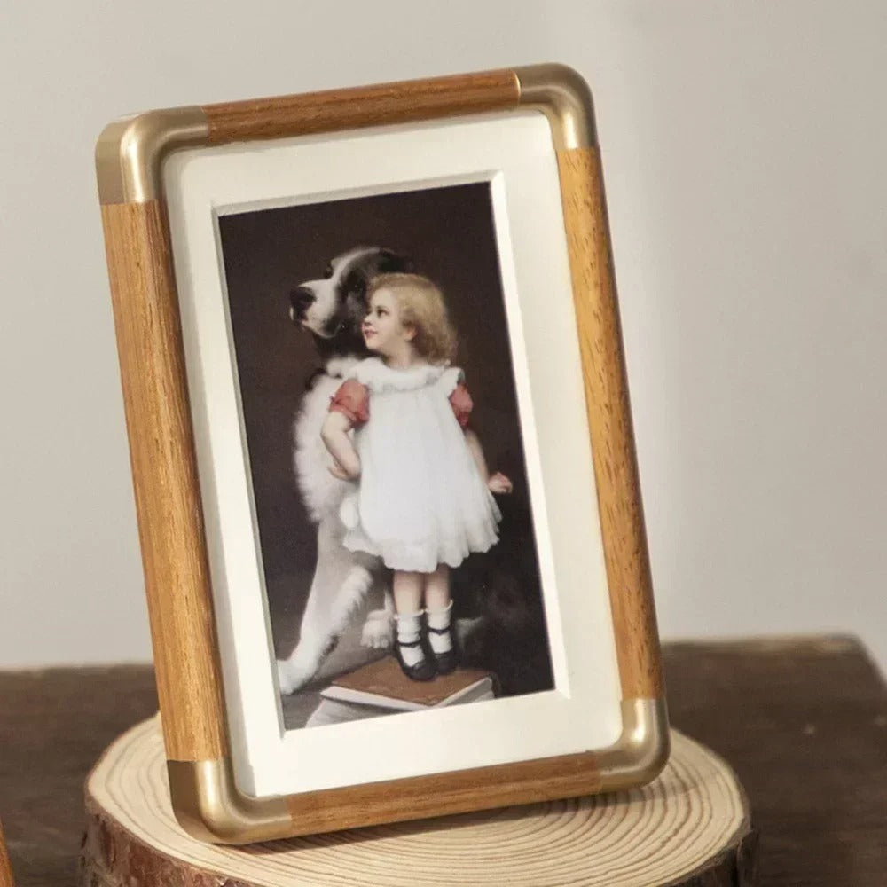 Tabletop Photo Frame Solid Wood Picture Frame with Brass Corners Freestanding Vintage Desk and Shelf Display Horizontal or Vertical