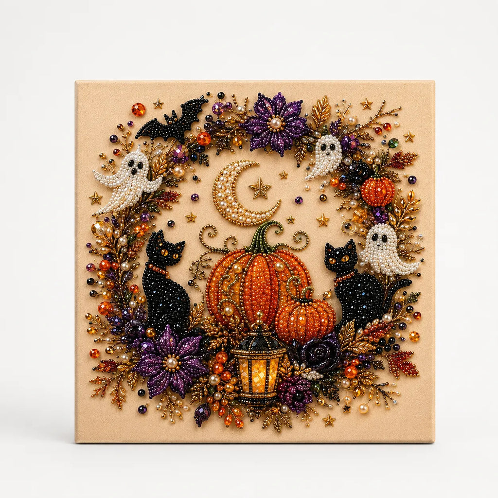 Halloween Pearl Bead Art Craft Kit with Pre-Printed Canvas for Wall Decor