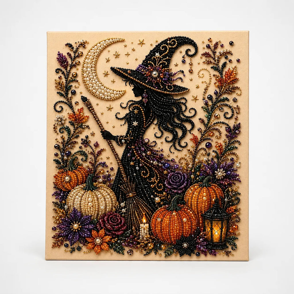 Halloween Pearl Bead Art Craft Kit with Pre-Printed Canvas for Wall Decor