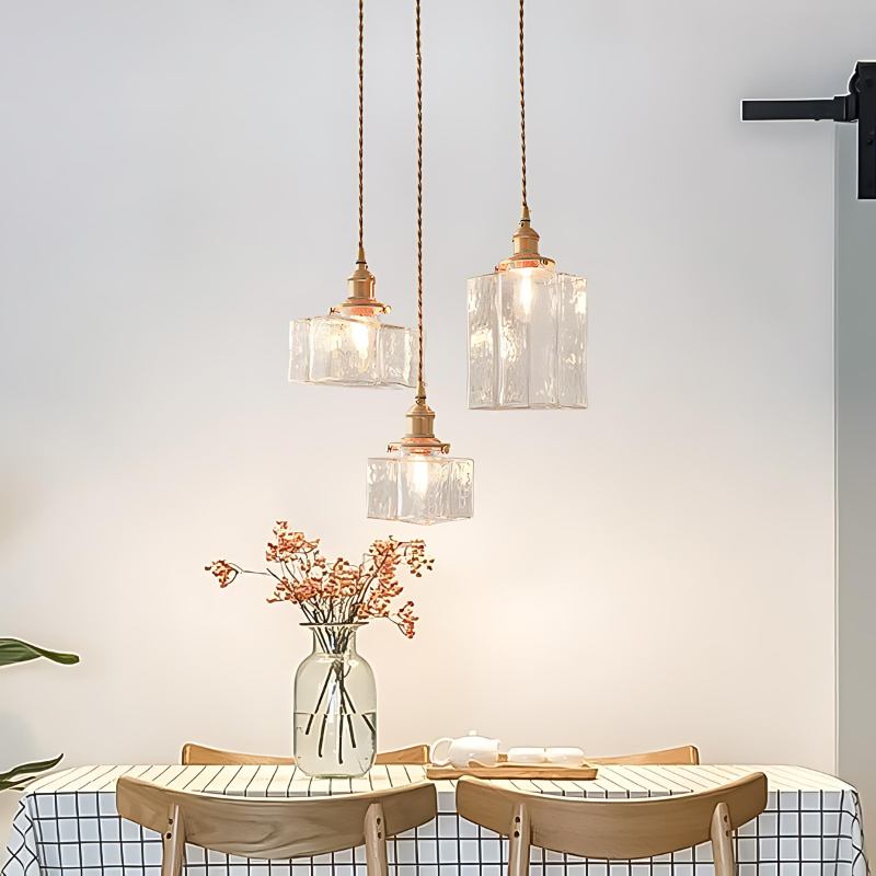 Vintage Glass Pendant Light with Brass Chain and Textured Shade