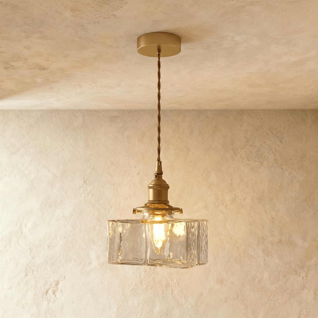 Vintage Glass Pendant Light with Brass Chain and Textured Shade