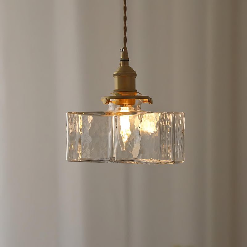 Vintage Glass Pendant Light with Brass Chain and Textured Shade