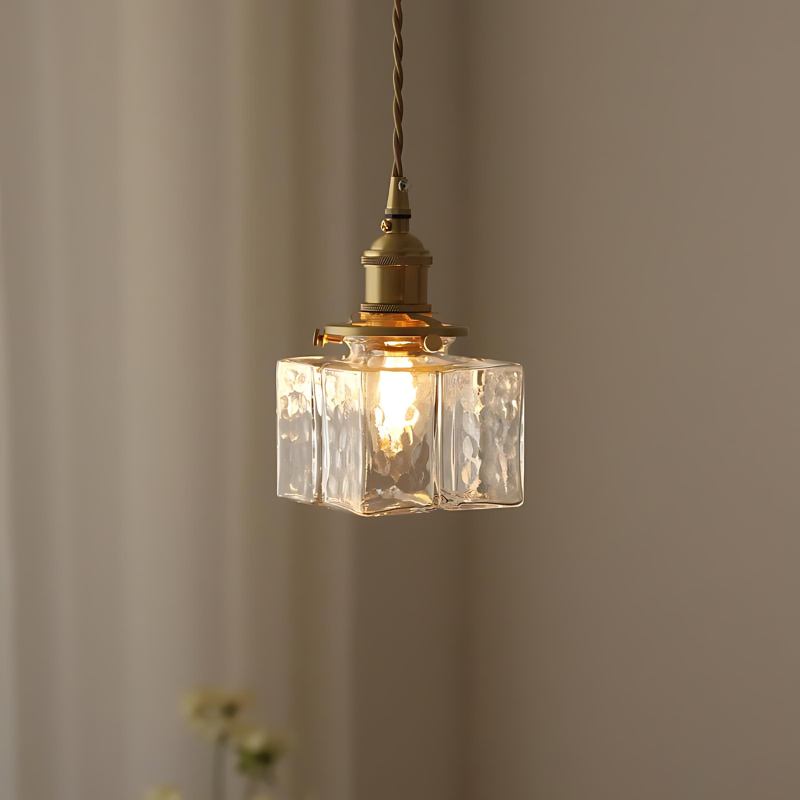 Vintage Glass Pendant Light with Brass Chain and Textured Shade