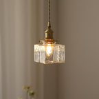 Vintage Glass Pendant Light with Brass Chain and Textured Shade