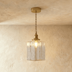 Vintage Glass Pendant Light with Brass Chain and Textured Shade