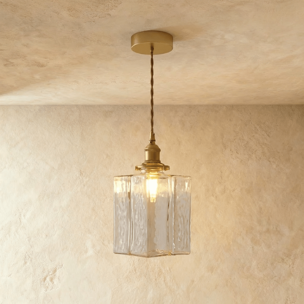 Vintage Glass Pendant Light with Brass Chain and Textured Shade
