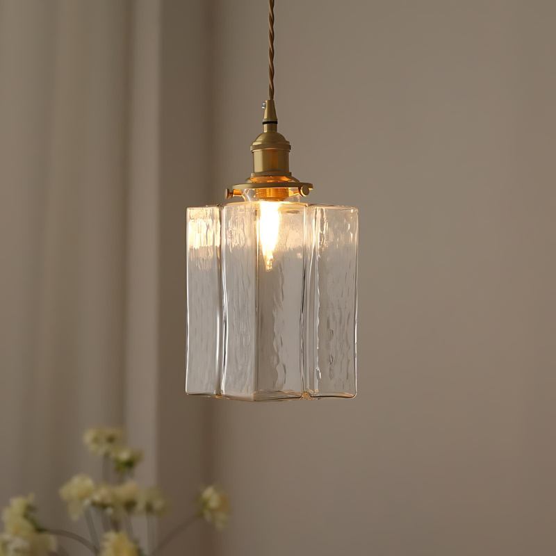 Vintage Glass Pendant Light with Brass Chain and Textured Shade