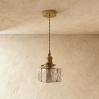 Vintage Glass Pendant Light with Brass Chain and Textured Shade