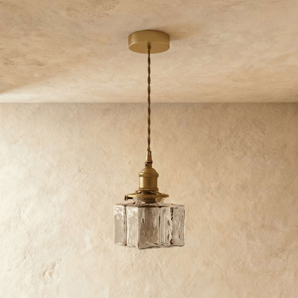 Vintage Glass Pendant Light with Brass Chain and Textured Shade