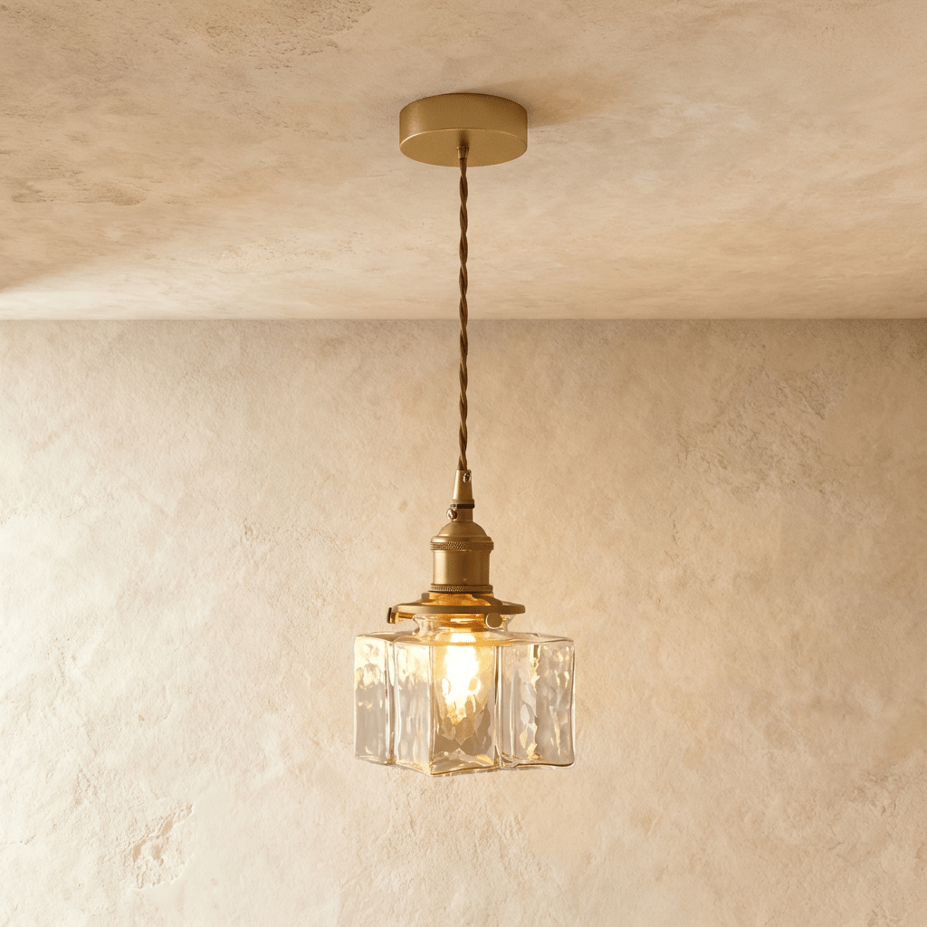 Vintage Glass Pendant Light with Brass Chain and Textured Shade