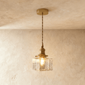 Vintage Glass Pendant Light with Brass Chain and Textured Shade