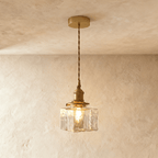 Vintage Glass Pendant Light with Brass Chain and Textured Shade