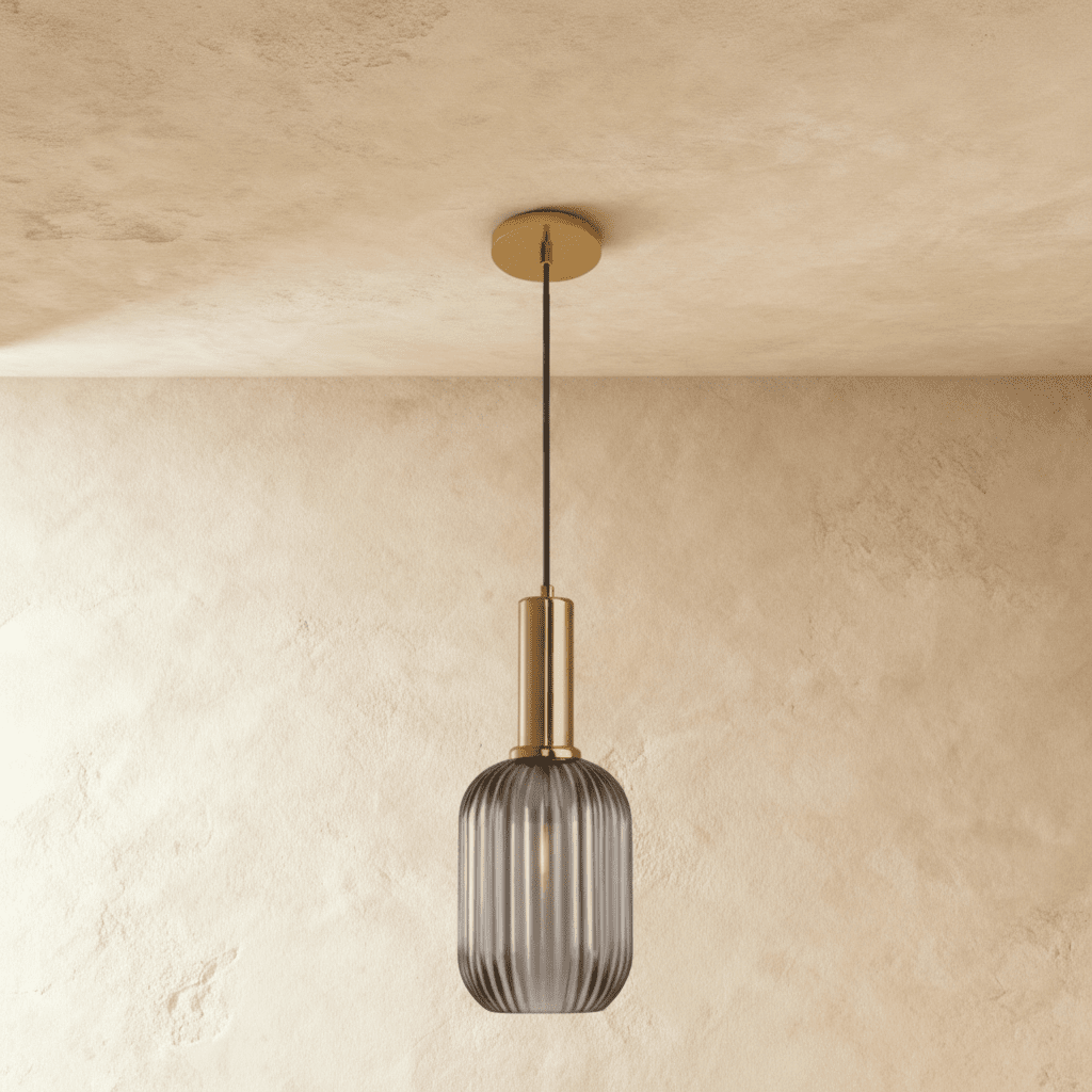 Ribbed Glass Globe Pendant Light with Brass Cylinder Fixture