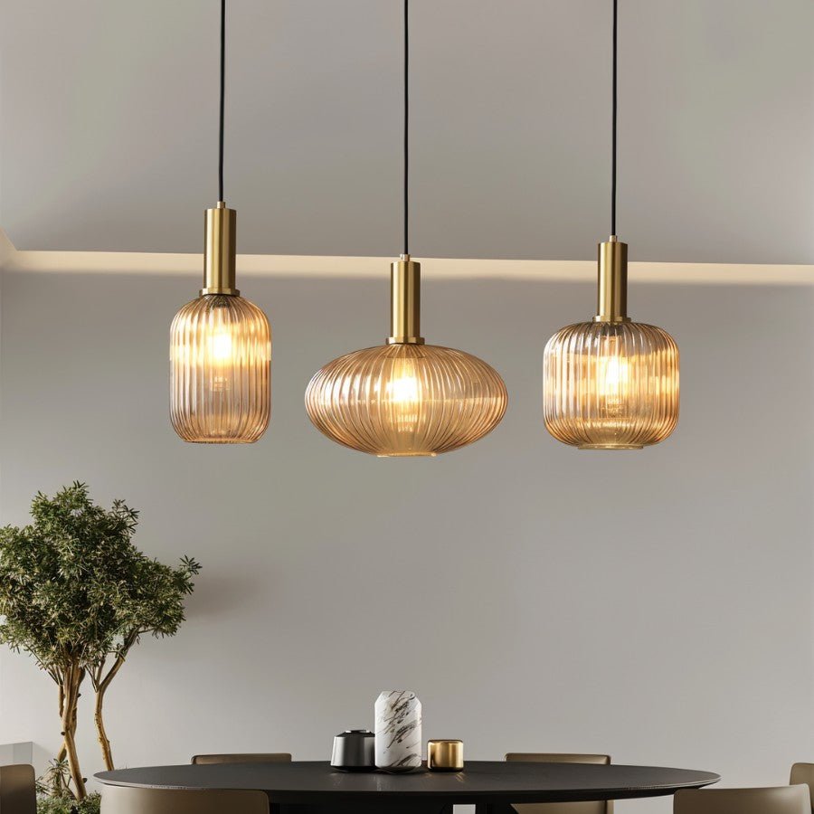 Ribbed Glass Globe Pendant Light with Brass Cylinder Fixture