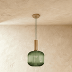 Ribbed Glass Globe Pendant Light with Brass Cylinder Fixture