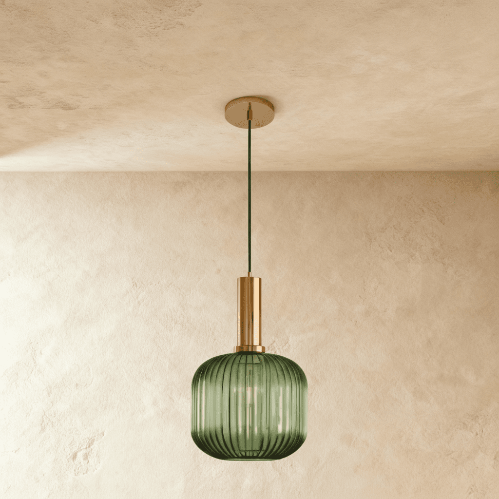Ribbed Glass Globe Pendant Light with Brass Cylinder Fixture