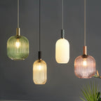 Ribbed Glass Globe Pendant Light with Brass Cylinder Fixture