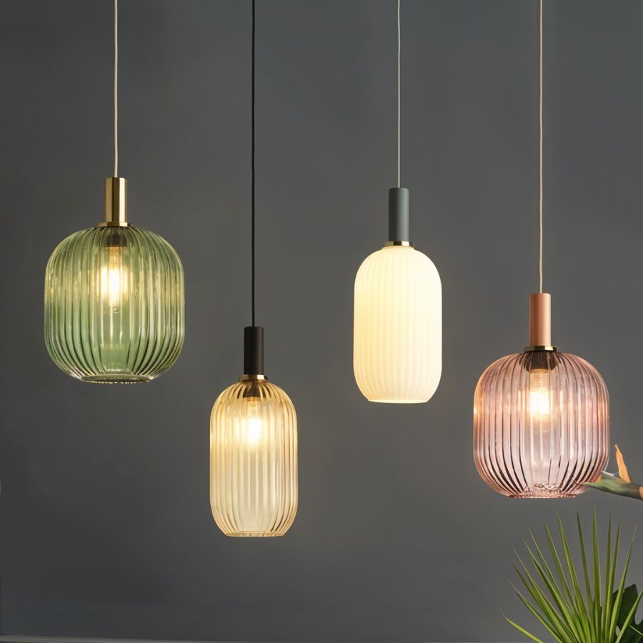 Ribbed Glass Globe Pendant Light with Brass Cylinder Fixture