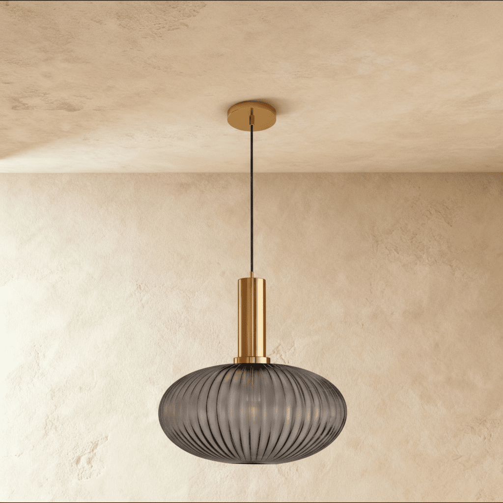 Ribbed Glass Globe Pendant Light with Brass Cylinder Fixture