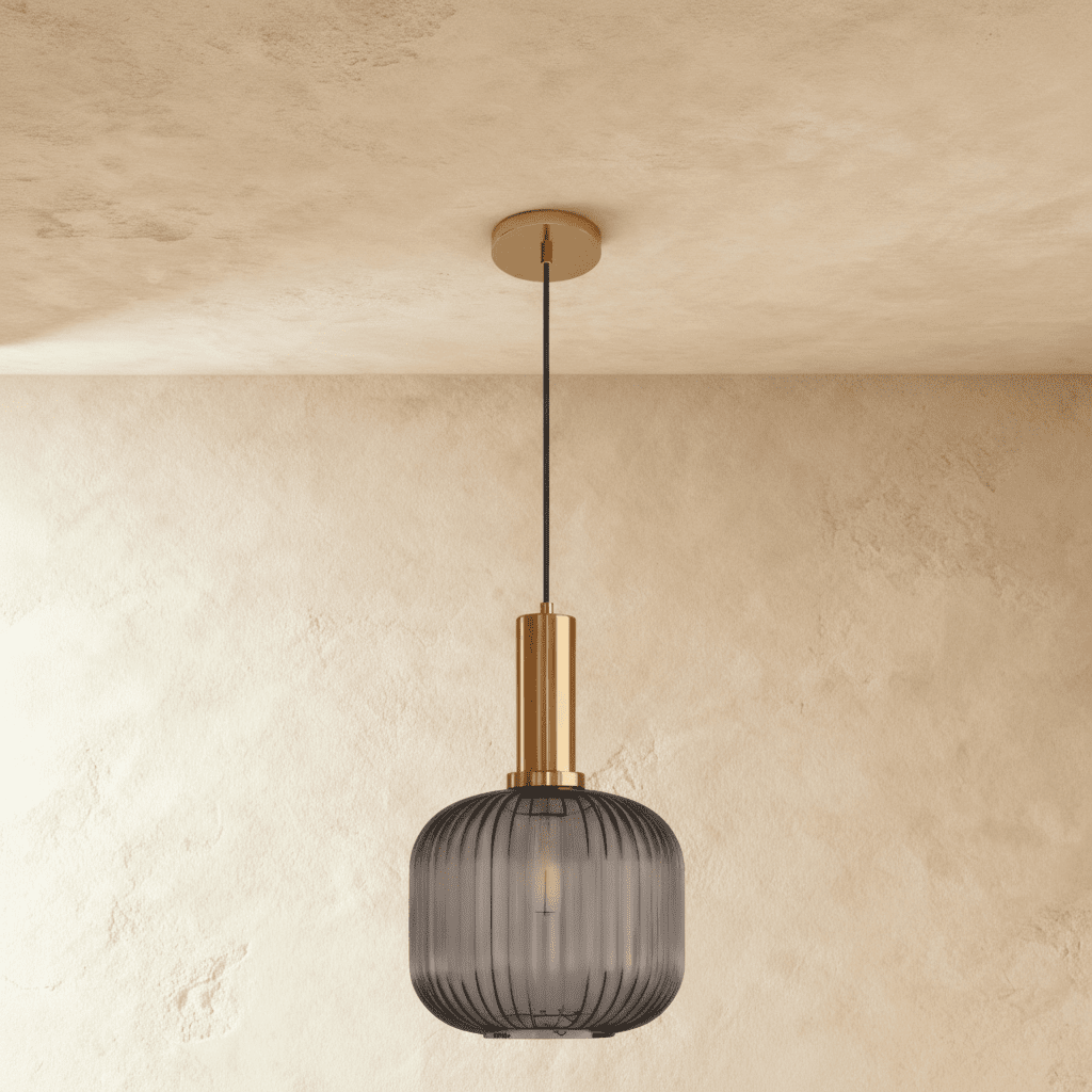 Ribbed Glass Globe Pendant Light with Brass Cylinder Fixture
