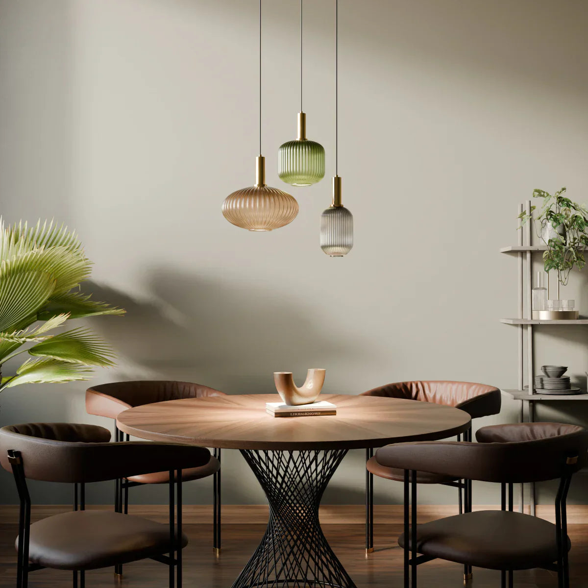 Ribbed Glass Globe Pendant Light with Brass Cylinder Fixture